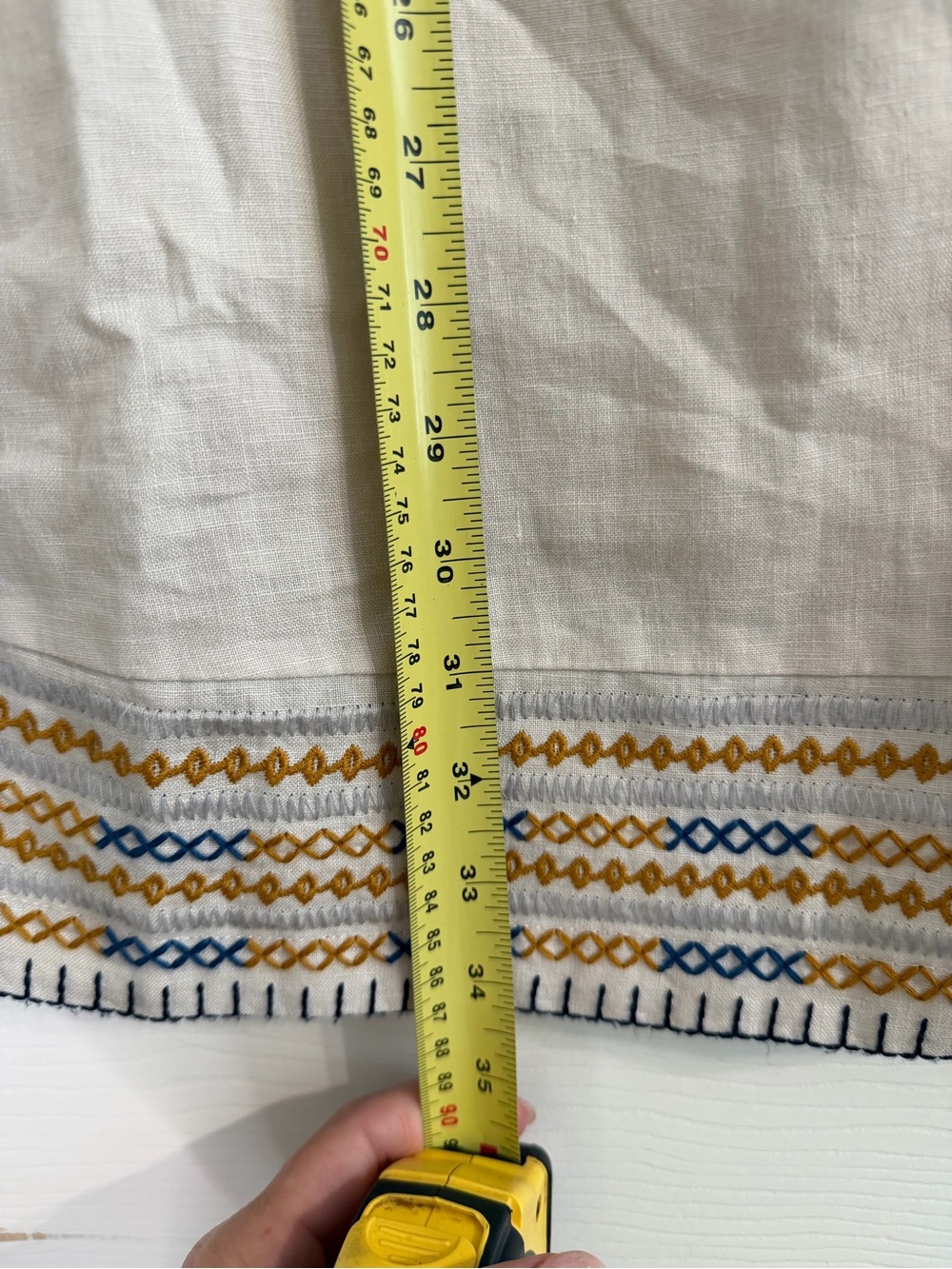 White Embroidered Sleeveless Linen Dress with Blue & Yellow Trim - Picture 6 of 7